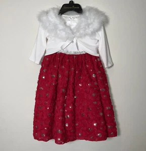 Girl's Size 5 Sequin Dress Red White Formal Holiday Fur Shawl Set Sweater Floral - Picture 1 of 11
