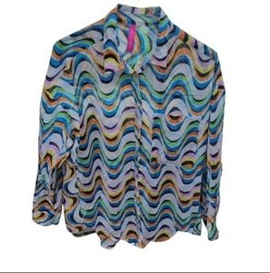 Zaket & Plover Cotton Voile Sardinia Groovy Wavy Oversized Button Shirt Sz S - Picture 1 of 10