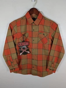 Dixxon Flannel Shirt Youth Medium Orange Tan Plaid D-Tech Button Up Outdoor New - Picture 1 of 12