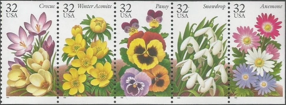 Booklet Pane of 5 stamps - Scott 3025-29 - 32 cent - Garden Flowers - 1996 - MNH - Image 1 of 1