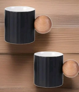 Set Of 2 Black Ceramic Small 2oz Espresso Cups Wood Handle - Picture 1 of 6