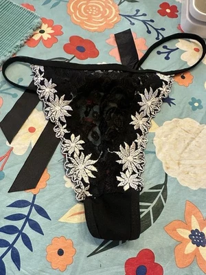 VNT Y2K DONNA LOREN HIGH CUT LACE Sheer THONG Tie PANTY Sz L W/ Rene Rofe Thong - Image 1 of 4