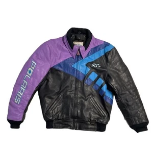 Vintage Polaris Snowmobile Leather Jacket Adult Med Tall Coat Racing Retro 90s - Picture 1 of 24