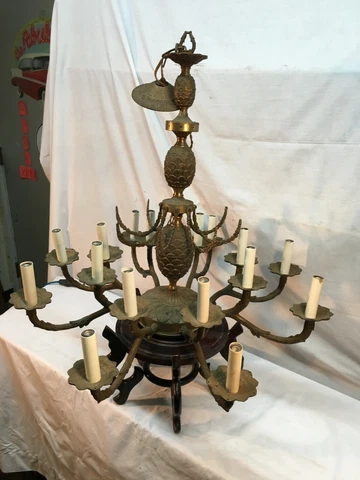 Vtg Brass Pineapple  8 arm 16 Light Spanish Revival Hanging Chandelier No Prisms Cover