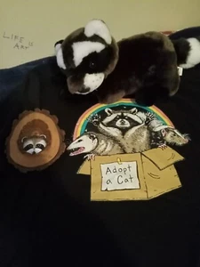 Super "Adopt A Cat" Tshirt (Lg) With Racoon Folk Art + Plush (SEE DESCRIPTION) - Picture 1 of 7