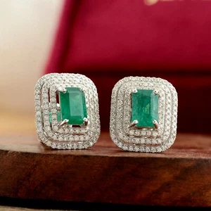 Natural Zambian Emerald Halo Stud Earrings SI/H Diamond 14k White Gold 2.49 Tcw - Picture 1 of 8