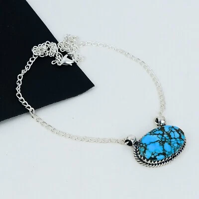 Naturale Tibetano Turchese Gemma Mano 925 Argento Sterling Gioielli Collana - Immagine 1 di 4