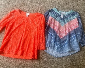 REBECCA MALONE Womens Petite Sz Large PL Orange Blue Lace 3/4 Sleeve Top Shirt - Picture 1 of 6