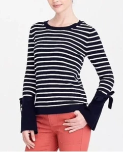 J.Crew Cotton Striped Tie Bell-Sleeve Sweater Navy Blue White Size S - Picture 1 of 6