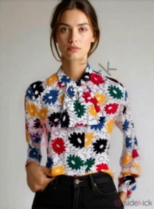 Vintage Helga Pussybow Blouse 16 MCM Pop Art Daisies Mod Hippie 100% Silk - Picture 1 of 11