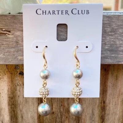 NWT CHARTER CLUB GOLD TONE CLEAR CRYSTAL GRAY BEAD POST DROP EARRINGS Foto 1 de 4