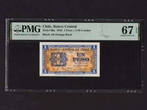 Chile:P-90a,1 Peso, 1943 * Eagle * PMG Superb Gem UNC 67 EPQ * Top Pop * - Picture 1 of 2