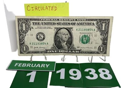 Birthday/Anniversary Dollar  February 1 1938 .  Fancy Serial Number Circulated - Image 1 of 4