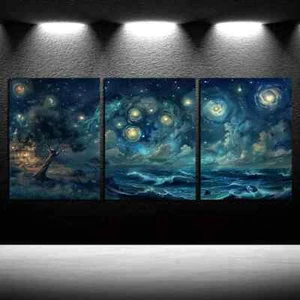 3pcs Abstract Night Sky with Spirals and Stormy Sea Canvas Unframed - Picture 1 of 9