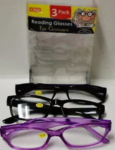 3 Pair Reading Glasses For Geniuses BLACK PURPLE Plastic Frames +3.00 - Picture 1 of 3