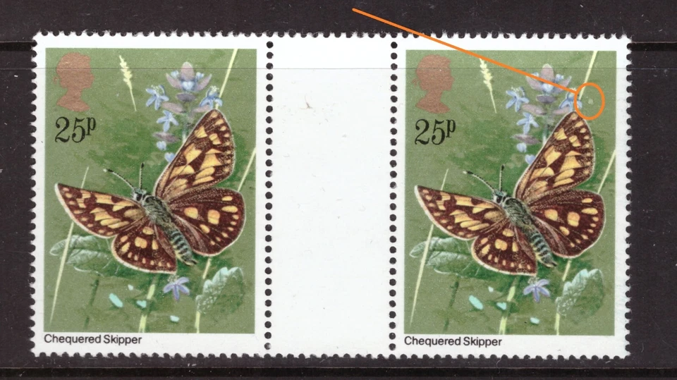Mariposas 1981 25p MAYOR LISTADO DEFECTO/VARIEDAD "Retoque por encima del ala" par MNH Foto 1 de 1