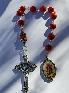 Handmade St Expedite Decade Chaplet - Steel / Red Howlite Turquoise Stone Beads - Picture 1 of 4