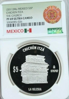 2011 MEXICO SILVER 5 PESOS S5P CHICHEN ITZA THE CHURCH NGC PF 69 ULTRA CAMEO - Image 1 of 3