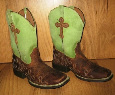 漂亮的 ARIAT CROSSROADS 儿童西部靴 10011897 绿色/棕色方头尺寸 3.5 — 第 1/4 张图片