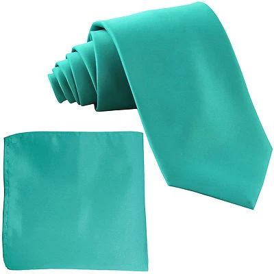 New Polyester Men's neck Tie & hankie solid formal wedding prom party aqua blue - Image 1 of 3