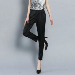 Women Ankle-length Pencil Pants Trousers Shiny Imitation Silk Satin Casual - Picture 1 of 13