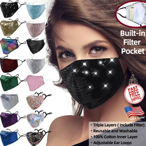 Fashion Face mask w FILTER Pocket Sequin Sparkle Glitter Bling Mask Party Sexy - Picture 1 of 17
