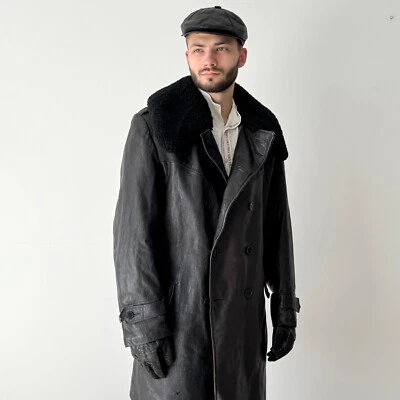 Military Vintage 1940s WW2 Era Swedish Army M1909 Officers Leather Coat Size L - Image 1 of 4