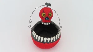 Halloween Papier Mache Trick or Treat Bucket Skull Red Glitter Metal Handle 5.25 - Picture 1 of 8