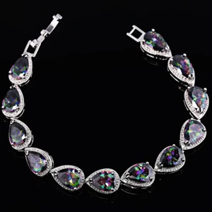 Water Drop Rainbow Mystic Topaz Gemstone Silver Women Charm Bracelets 7.5 inch - Picture 1 of 6