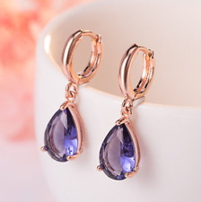925 Sterling Silver Purple Crystal Drop Dangle Rose Gold Stud Earrings Womens