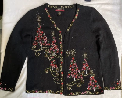 Cárdigan Suéter KIKIT Negro Navidad LG Adorno Rosa-Dorado Brillo Árboles Tejido Foto 1 de 4