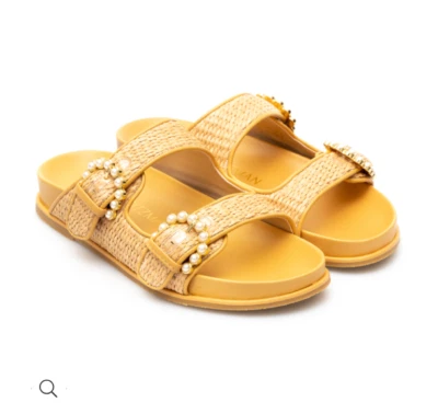 Stuart Weitzman Straw Piper Slides Sandal With Pearl Details Sz. 8 - Image 1 of 4