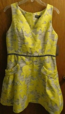 Vestido Donna Ricco Azul Marino Amarillo Artístico Abstracto Floral Bolsillos Mujer 14 L 38" $128 Foto 1 de 4