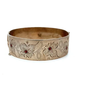 antique Sterling Silver JB Ruby engraved Flower Bangle Bracelet - Picture 1 of 11