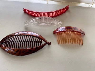 Vintage 80s Banana Hair Clip Comb LOT 4 Red Clear Tortoise Brown - Image 1 of 4