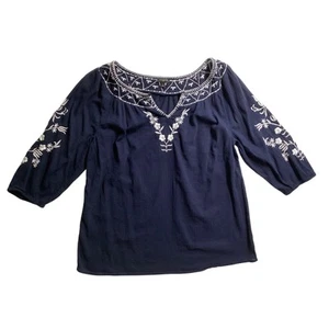 Talbots Plus navy blue gauze peasant top with white embroidery X - Picture 1 of 6