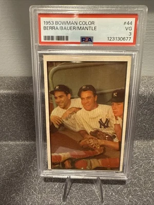 Bowman 1953 color #44 Mickey Mantle/Yogi Berra/Hank Bauer PSA 3 Foto 1 de 2