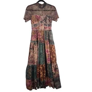 Geisha Designs Anthropologie Midi Dress Tiered Size 0 Patchwork Sheer Maxi - Picture 1 of 18