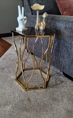 Hollywood Regency Hexagonal Gold Tone w/ Smoke Glass Top Side Table - Image 1 of 4