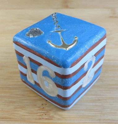 Jena's Handmade Backgammon Doubling Cube Nautical Anchor Blue White OOAK  #414 - Image 1 of 4