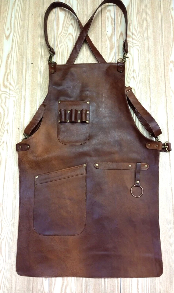 FOND OF MILITARY Leather Work Apron with Pockets Chef BBQ Butcher Apron Welders Carpenters Apron