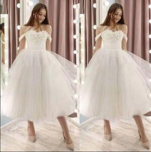 White Wedding Dresses Off The Shoulder Tea Length A Line Tulle Bridal Gowns
