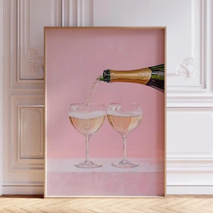 Girly Pink Champagne Bottle Cocktail Bar Wall Art Print - Picture 1 of 6