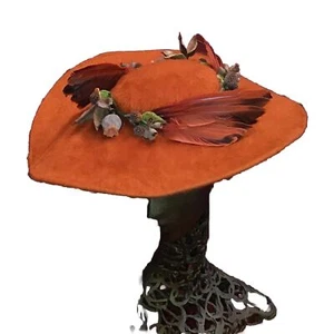 Vintage 40s 50s Hat Orange Saucer Felt Fur Henry Margu Tilt Feathers Style - Picture 1 of 9