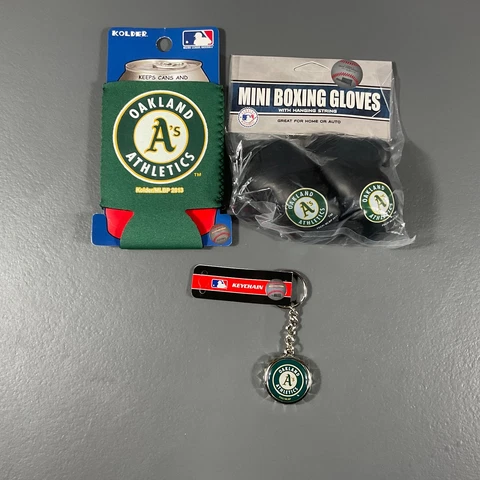 Oakland Athletics MLB Ultimate Fan Gift Lot Gloves, Bottle Sleeve, Bottle Opener Cover