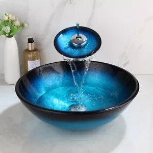 Fregadero de vidrio para baño negro redondo azul cuenco mezclador grifo drenaje conjunto - Imagen 1 de 12