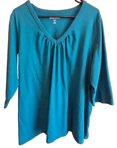 Blusa Pullover Top Woman Within 1X 22/24 Verde azulado Cuello en V Mangas 3/4 - Imagen 1 de 3