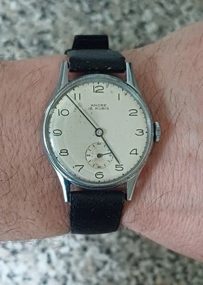 RARE VINTAGE ANCRE 15 RUBIS WW2 MILITARY SUB SECOND SWISS MEN 34mm WATCH  - Image 1 of 4