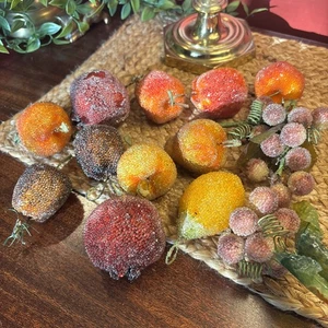 Vintage Set 12 Sugar Beaded Fruit Apple Pear Pomegranate Christmas - Picture 1 of 5