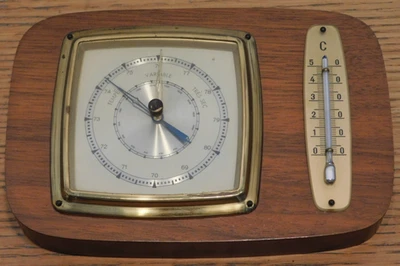 vintage ancien BAROMETRE meteo THERMOMETRE mural en bois TEMPERATURE - Photo 1/4